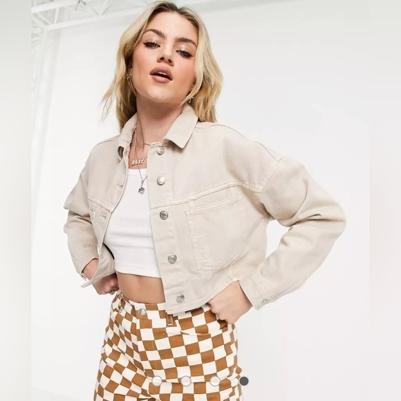 NEW Topshop Sand Cropped denim jacket, size 14 Size large - Picture 1 of 8